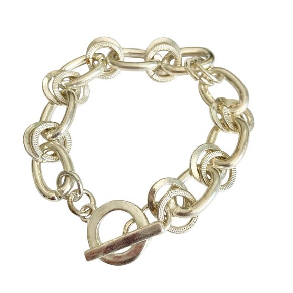 Rolo Curb Link Chain Bracelet with Toggle Clasp Silver Plated Vintage Stock 7.5" - Picture 2 of 8